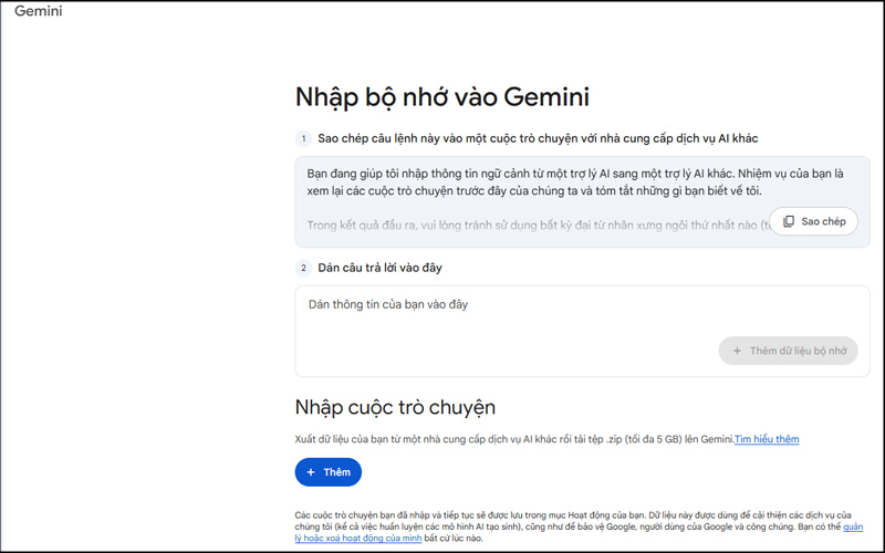 Tiến hành nhập bộ nhớ từ ChatGPT vào Gemini