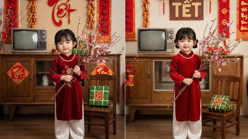 Prompt tạo ảnh Tết cho bé gái mặc áo dài nhung đỏ cầm cành đào xuân