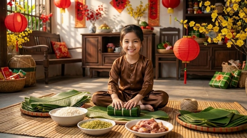 Prompt tạo ảnh Tết cho bé gái mặc áo bà ba gói bánh tét