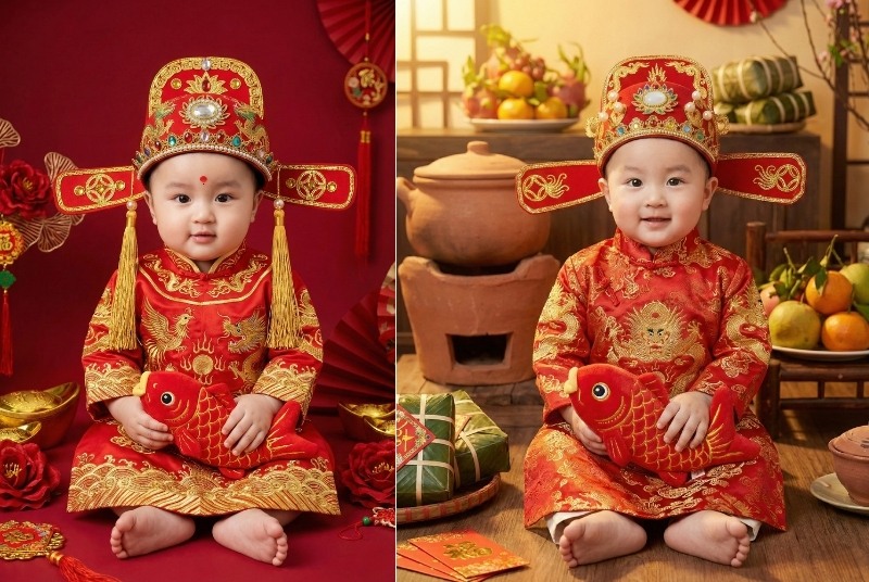 Prompt tạo ảnh Tết cho bé trai ôm cá chép may mắn