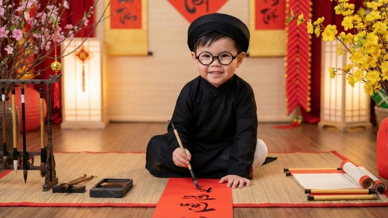 Prompt tạo ảnh Tết cho bé trai hóa thân thành thầy đồ viết thư pháp