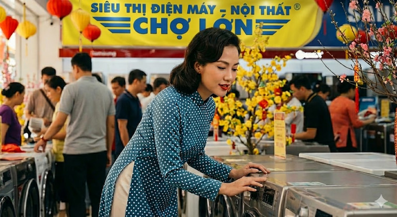 Prompt tạo ảnh áo dài cho nữ đang đi mua sắm Tết