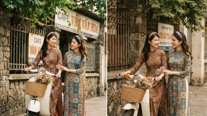 Prompt tạo ảnh áo dài Tết phong cách retro Cô ba Sài Gòn họa tiết gạch bông