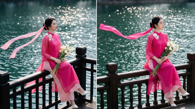 Prompt tạo ảnh áo dài Tết phong cách nàng thơ lãng mạn với tà áo voan bay