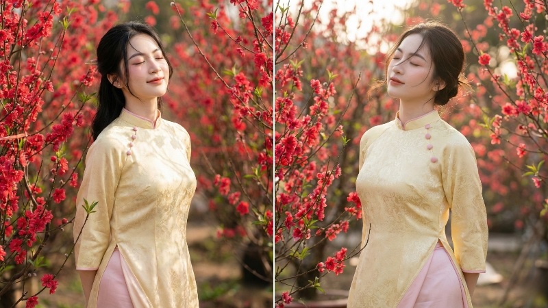 Prompt tạo ảnh áo dài Tết trong vườn đào nở rộ