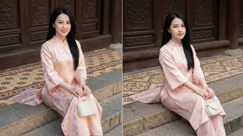 Prompt tạo ảnh áo dài Tết cho nữ ngồi bên thềm nhà gỗ cổ kính truyền thống