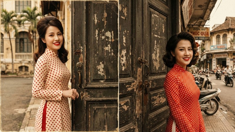 Prompt tạo ảnh áo dài Tết phong cách retro Cô ba Sài Gòn họa tiết chấm bi