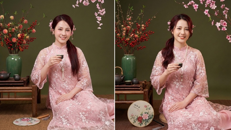 Prompt tạo ảnh áo dài Tết phong cách studio chuyên nghiệp tông hồng