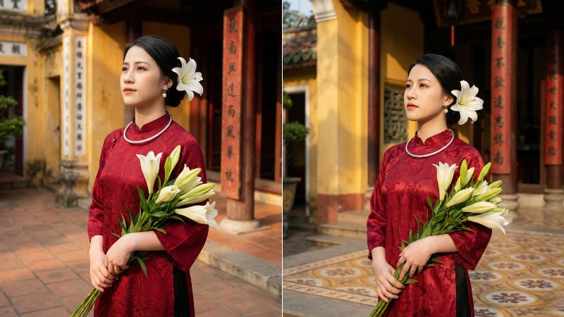 Prompt tạo ảnh áo dài Tết phong cách truyền thống thanh lịch với áo dài lụa đỏ