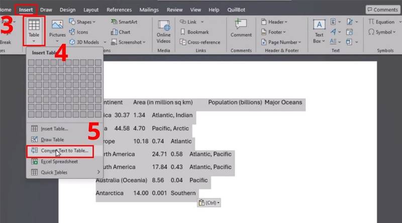 Chọn Convert Text to Table trong tab Table