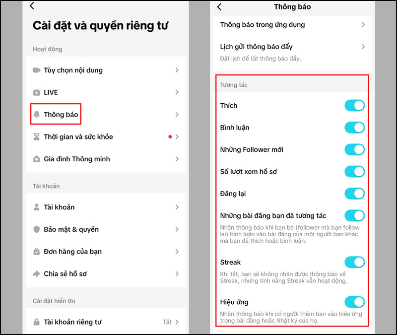 Chọn Thông báo, tìm đến mục Thông báo đẩy và thiết lập thông báo 