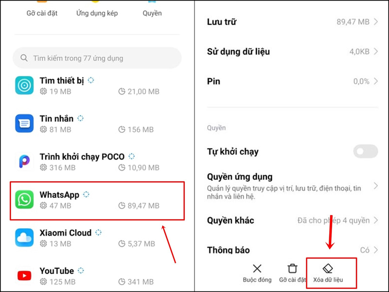 Trong ứng dụng WhatsApp chọn xóa dữ liệu