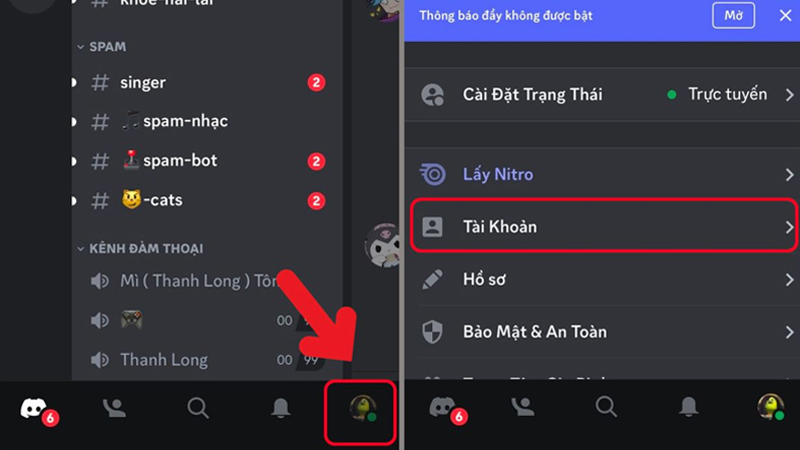 Chọn biểu tượng hồ sơ và nhấn vào mục Tài khoản 
