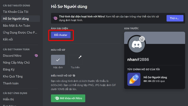 Nhấn vào nút Đổi Avatar
