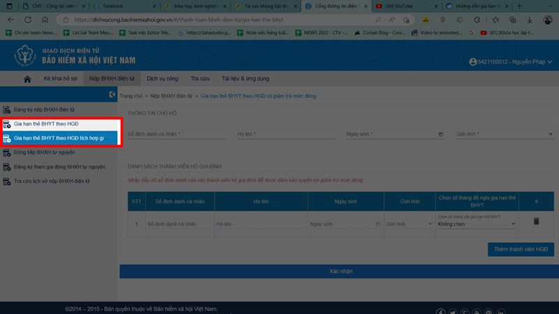 Chọn gia hạn thẻ BHYT theo HGĐ và xem thành viên