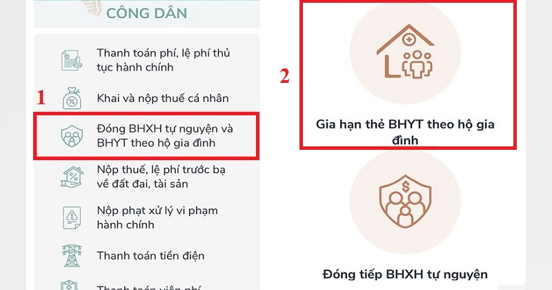 Nhập từ khóa tìm kiếm và chọn Gia hạn thẻ BHYT theo hộ gia đình