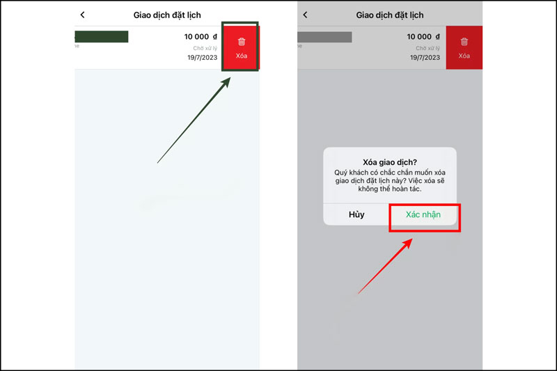 Tiến hành xóa giao dịch chuyển tiền muốn hủy