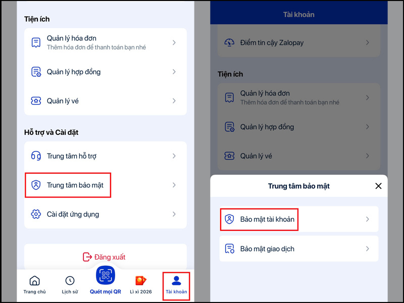 Chọn Tài khoản, Trung tâm bảo mật, sau đó nhấn Bảo mật tài khoản 