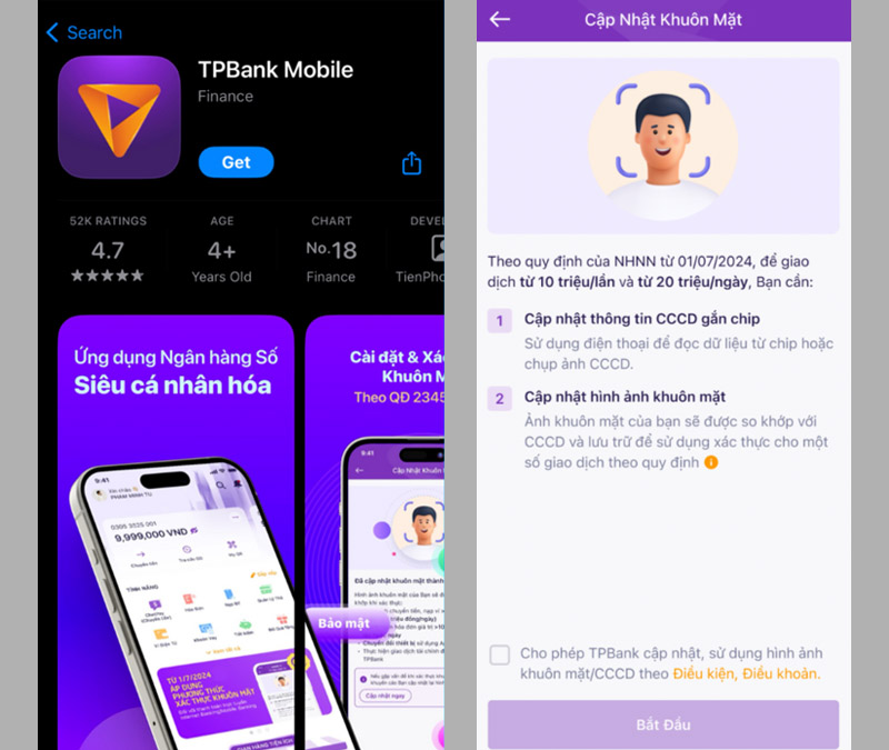 Chọn Cài đặt xác thực khuôn mặt, đồng ý điều khoản và nhấn Bắt đầu