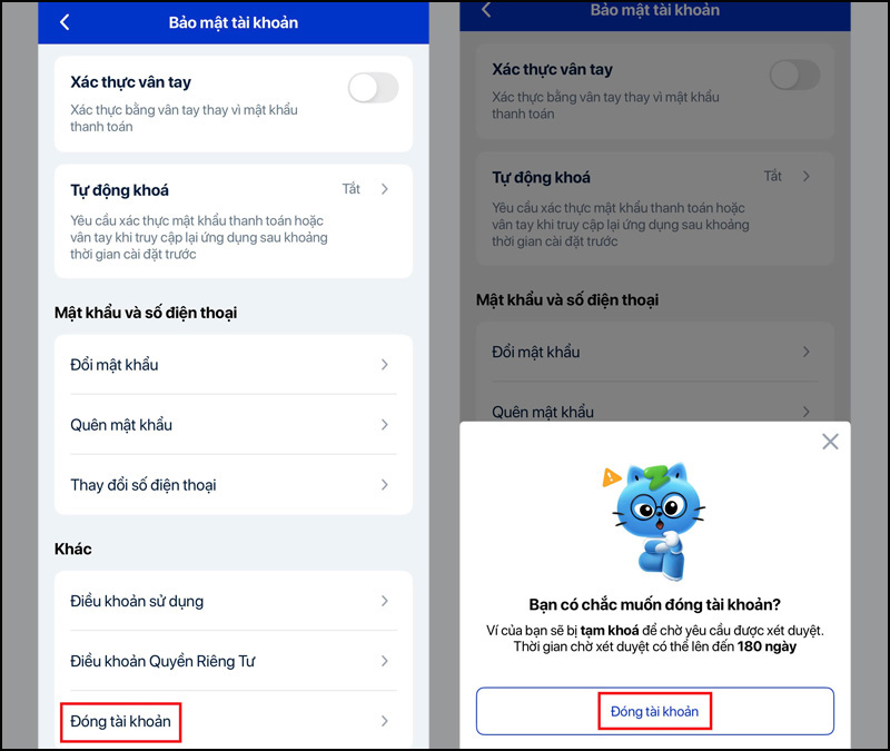 Chọn mục Đóng tài khoản