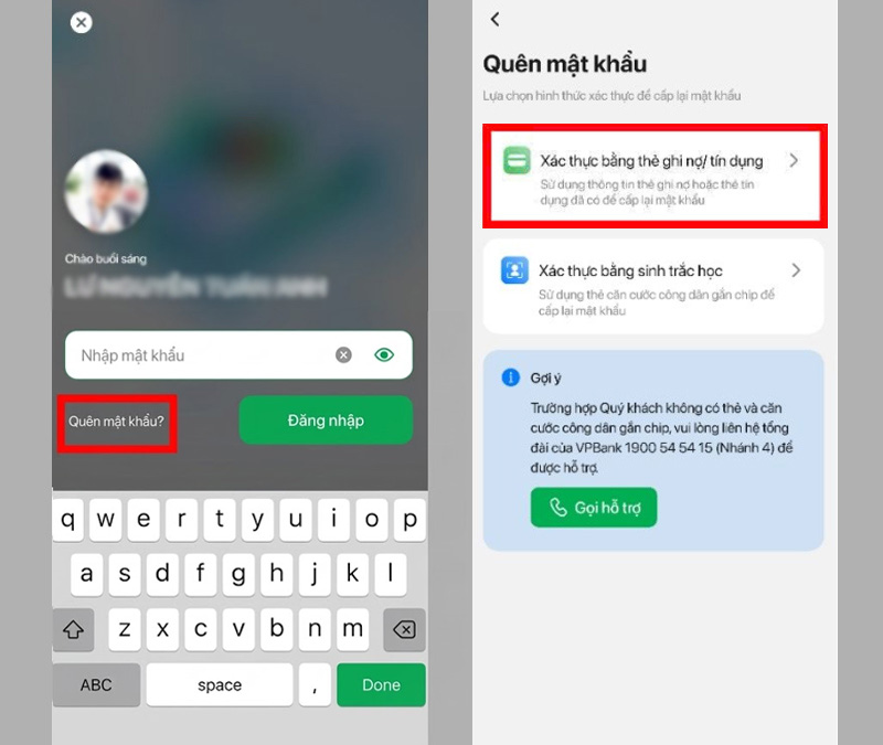 Chọn Quên mật khẩu, nhấn vào mục Xác thực bằng thẻ ghi nợ/tín dụng