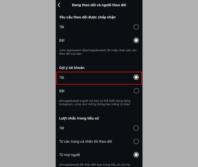 Tắt gợi ý tài khoản trên Instagram 