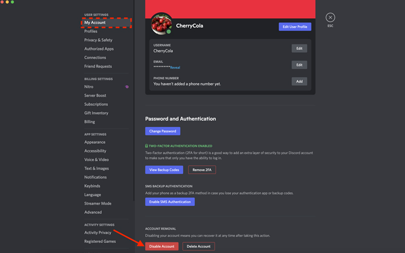 Chọn vô hiệu hóa tài khoản