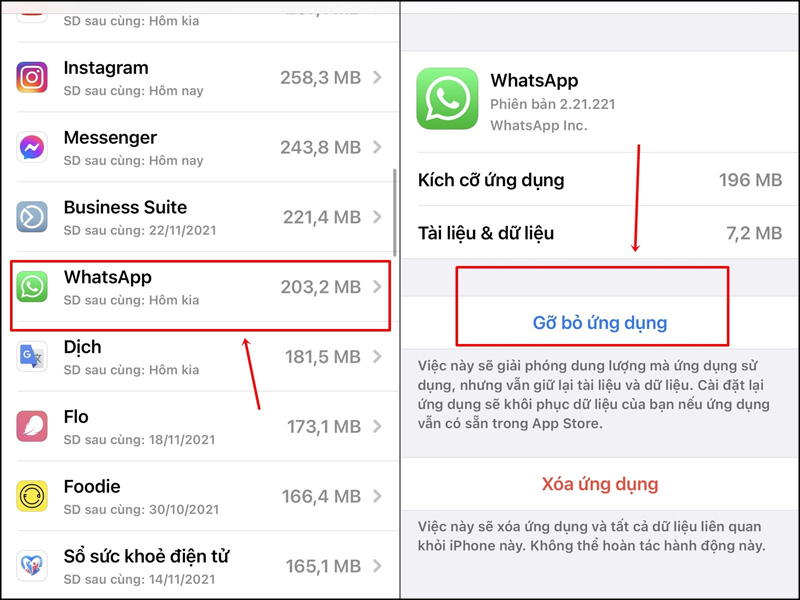 Chọn vào ứng dụng WhatsApp sau đó chọn Gỡ bỏ ứng dụng