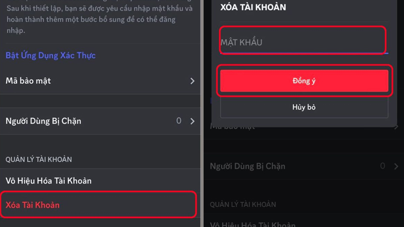 Chọn Xóa tài khoản, nhập mật khẩu để xác nhận, sau đó nhấn OK