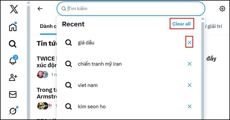 Khi danh sách Gần đây hiện ra, chọn Xóa tất cả 