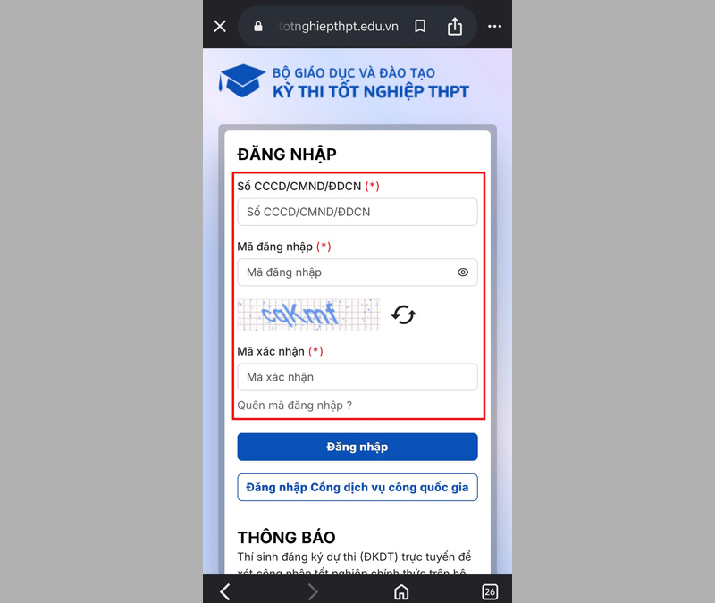 Đăng nhập thisinh.thithptquocgia.edu.vn trên điện thoại 