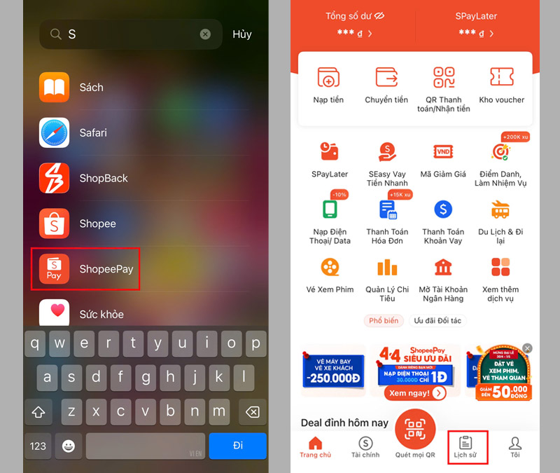 Mở ứng dụng ShopeePay, sau đó nhấn vào mục Lịch sử 