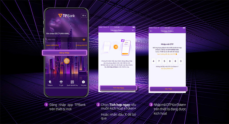 Kích hoạt eToken+ khi đăng nhập thành công trên thiết bị mới bước 1, 2, 3