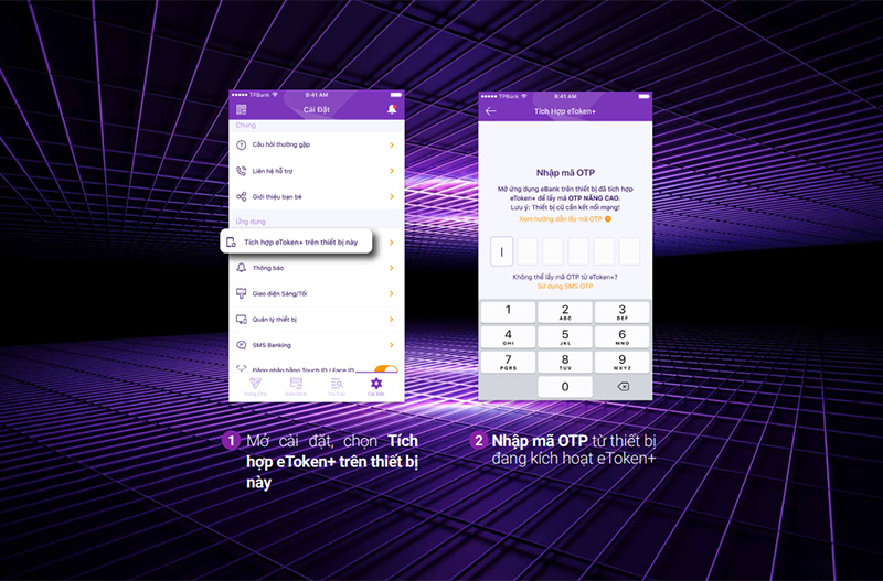 Kích hoạt eToken+ trong phần Cài đặt của ứng dụng bước 1, 2