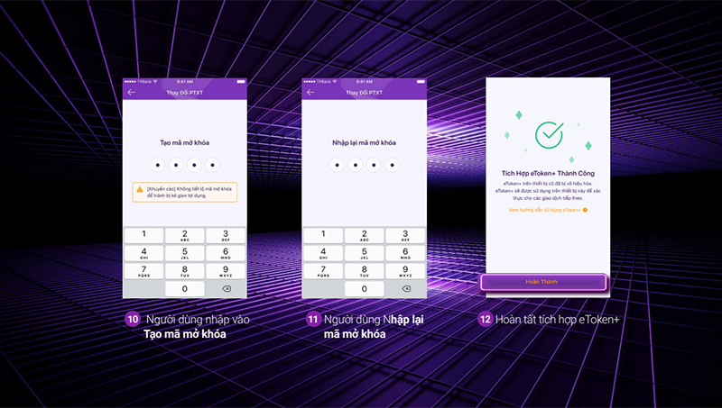 Kích hoạt eToken+ trong phần Cài đặt của ứng dụng bước 10, 11, 12