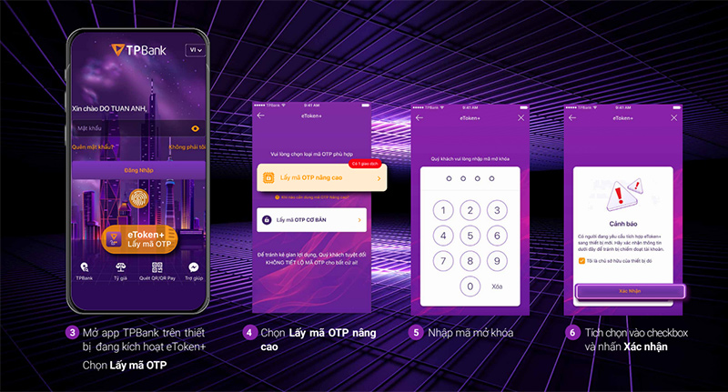 Kích hoạt eToken+ trong phần Cài đặt của ứng dụng bước 3, 4, 5, 6