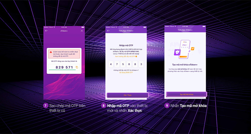 Kích hoạt eToken+ trong phần Cài đặt của ứng dụng bước 7, 8, 9