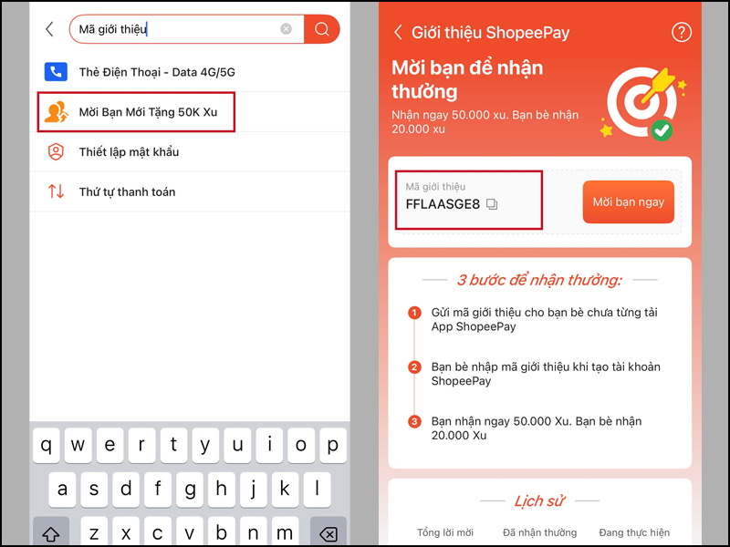 Chọn mục Mời Bạn Mới Tặng 50K Xu và lấy mã giới thiệu 