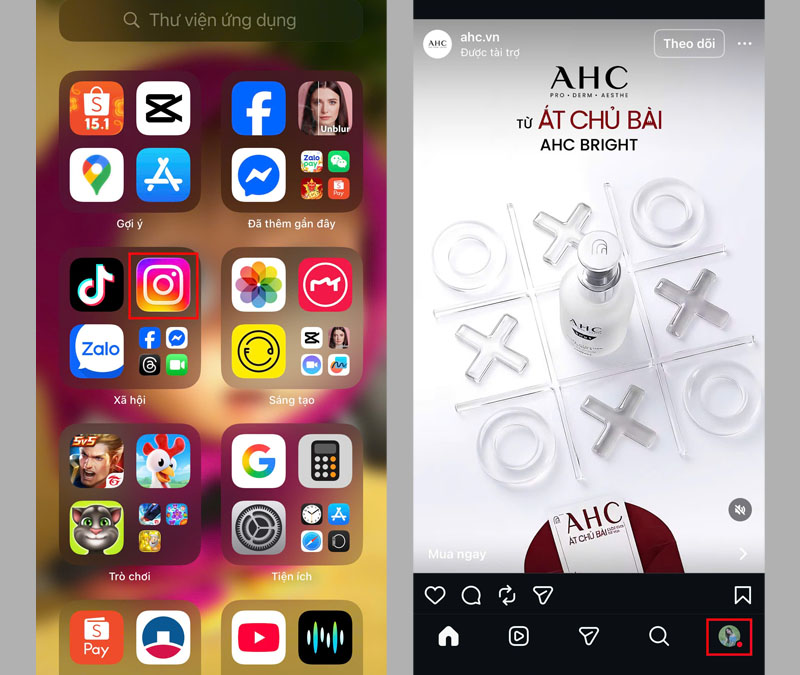 Nhấn vào biểu tượng avatar tại giao diện trang chủ Instagram 
