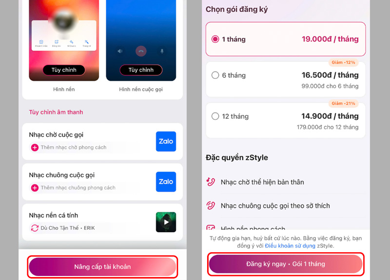 Chọn Đăng ký ngay để mua gói zStyle cho tài khoản Zalo 