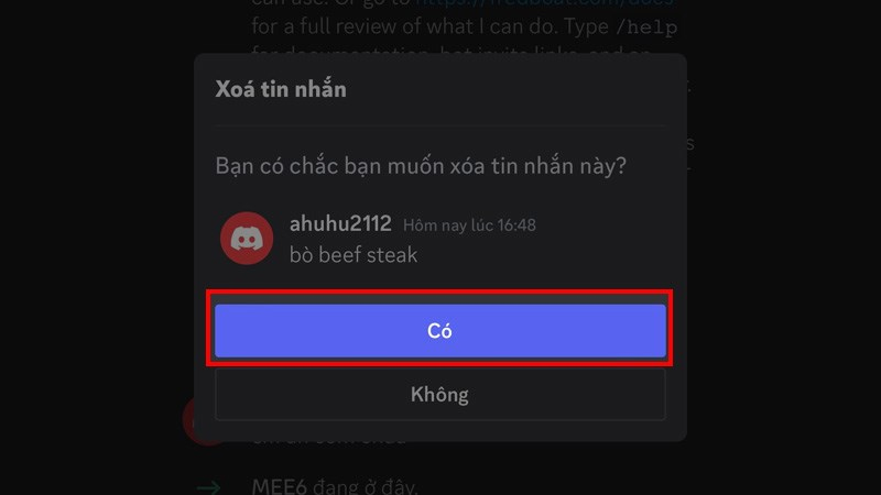 Nhấn Có để xác nhận xóa tin nhắn Discord