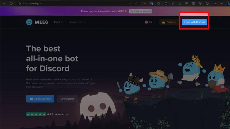 Nhấn Login ở góc trên bên phải và đăng nhập bằng tài khoản Discord