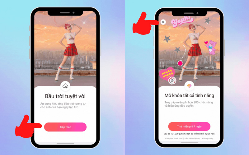 Mở ứng dụng, nhấn tiếp theo và chọn biểu tượng dấu X