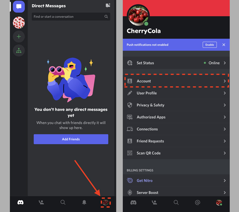 Chọn biểu tượng ảnh đại diện, nhấn vào mục Tài khoản 
