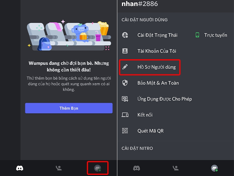 Chọn biểu tượng avatar, nhấn vào mục Hồ sơ người dùng 