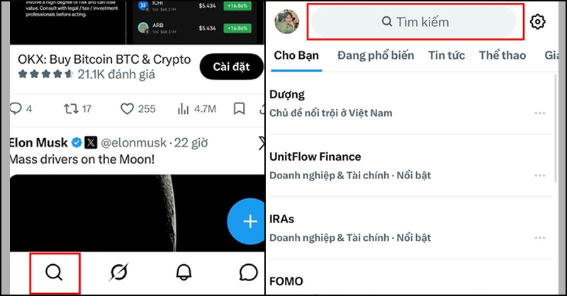 Chọn biểu tượng kính lúp và chạm vào thanh tìm kiếm
