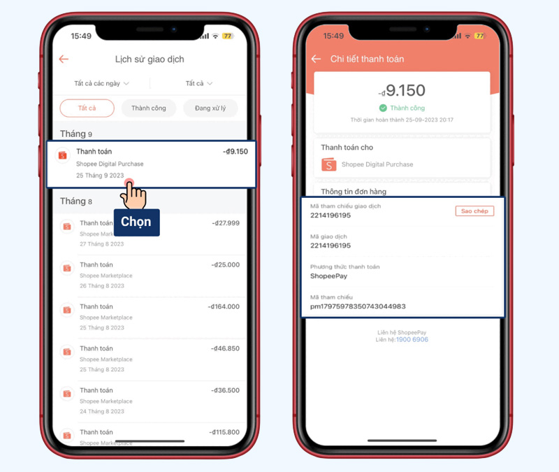 Khi muốn xem chi tiết, chỉ cần nhấn vào từng giao dịch cụ thể