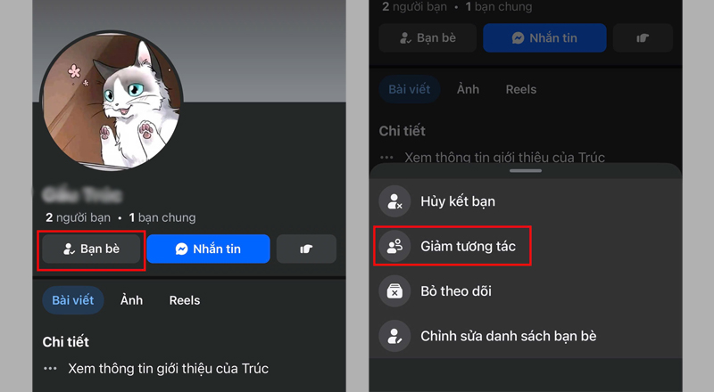 Nhấn vào mục Bạn bè bên dưới ảnh đại diện, chọn Giảm tương tác