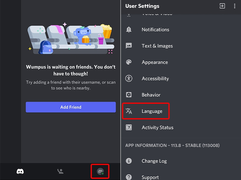 Nhấn vào User Settings, chọn mục Language