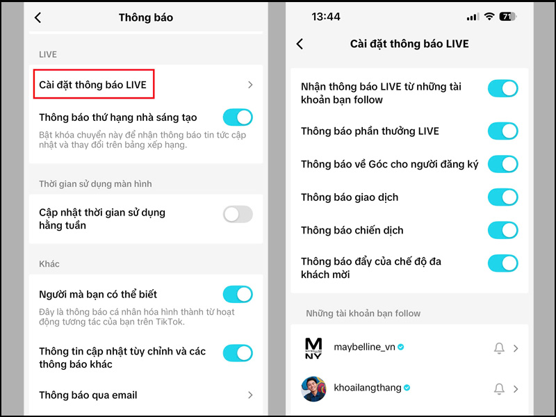 Nhấn vào mục Cài đặt thông báo LIVE